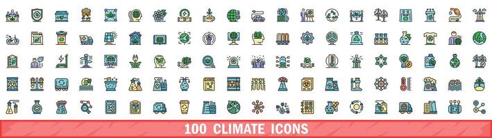 100 climate icons set, color line style vector