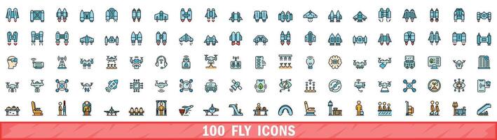 100 fly icons set, color line style vector