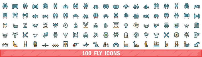 100 fly icons set, color line style vector