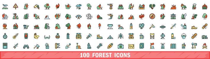 100 forest icons set, color line style vector