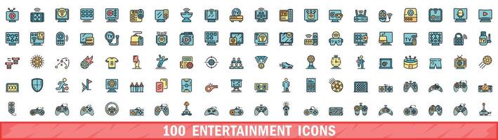 100 entertainment icons set, color line style vector