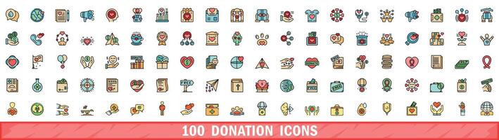 100 donation icons set, color line style vector