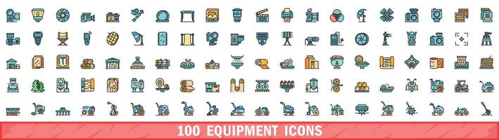 100 equipment icons set, color line style vector