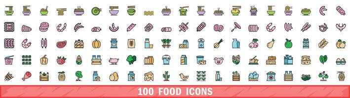 100 food icons set, color line style vector