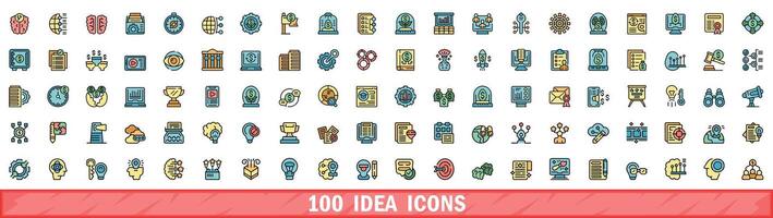 100 idea icons set, color line style vector