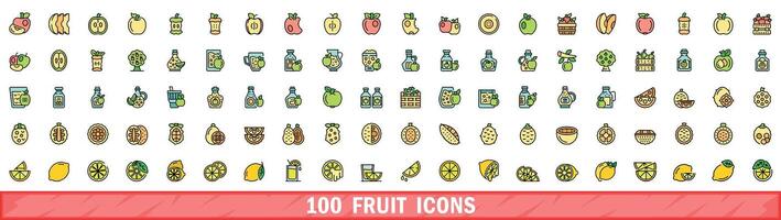 100 fruit icons set, color line style vector