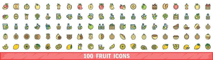 100 fruit icons set, color line style vector