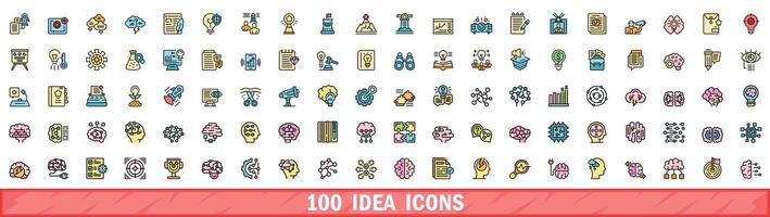 100 idea icons set, color line style vector