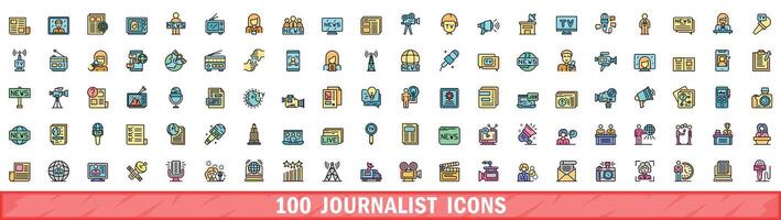 100 journalist icons set, color line style vector