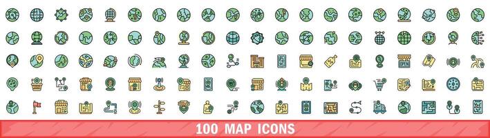 100 map icons set, color line style vector