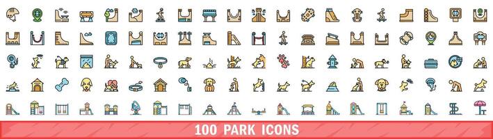 100 park icons set, color line style vector