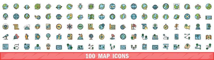 100 map icons set, color line style vector