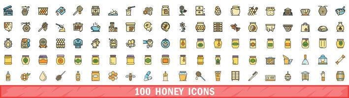 100 honey icons set, color line style vector