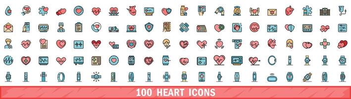 100 heart icons set, color line style vector