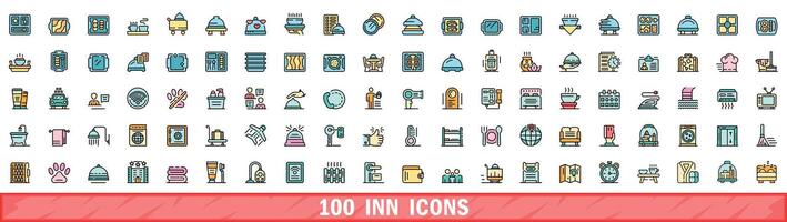 100 inn icons set, color line style vector