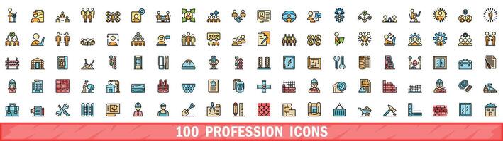 100 profession icons set, color line style vector