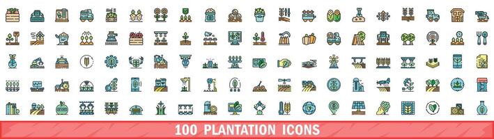 100 plantation icons set, color line style vector