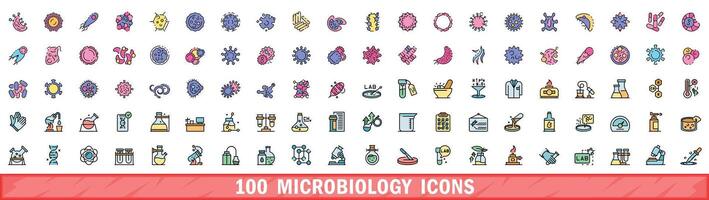 100 microbiology icons set, color line style vector