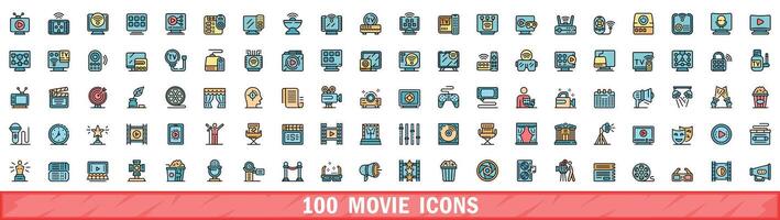 100 movie icons set, color line style vector