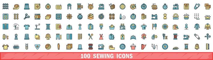 100 sewing icons set, color line style vector