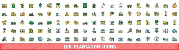 100 plantation icons set, color line style vector