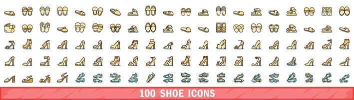 100 shoe icons set, color line style vector