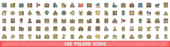 100 poland icons set, color line style vector