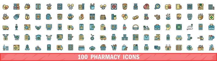 100 pharmacy icons set, color line style vector