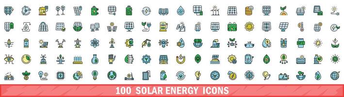 100 solar energy icons set, color line style vector