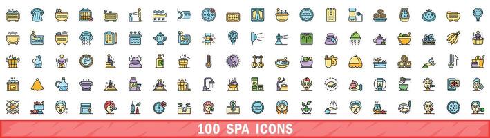 100 spa icons set, color line style vector