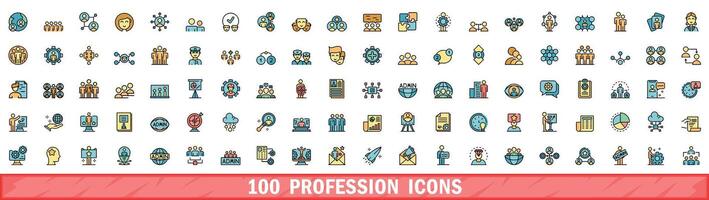 100 profession icons set, color line style vector