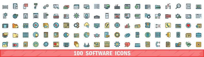 100 software icons set, color line style vector