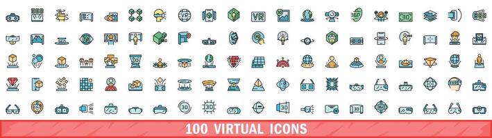 100 virtual icons set, color line style vector