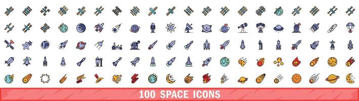 100 space icons set, color line style vector