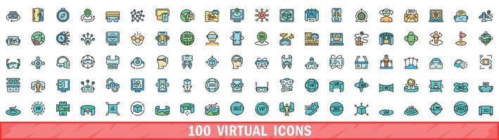 100 virtual icons set, color line style vector