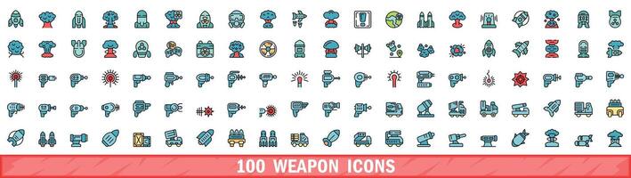 100 weapon icons set, color line style vector