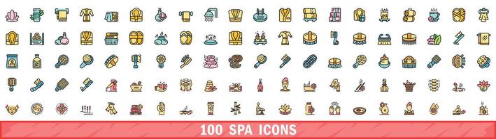 100 spa icons set, color line style vector