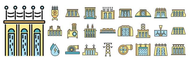 Hydro power icons set vector color line