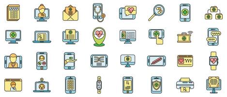 Telemedicine icons set vector color line