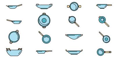 Wok frying pan icons set vector color line