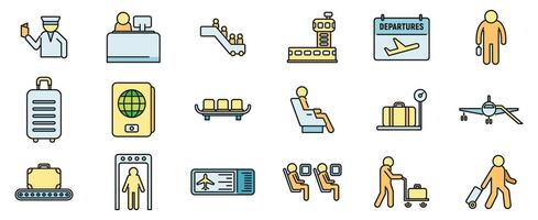 Airline passengers icons set vector color line