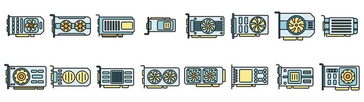 GPU graphic card icons set vector color line