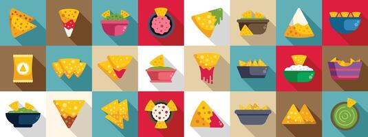 Nachos icons set flat vector. Mexican dip food vector