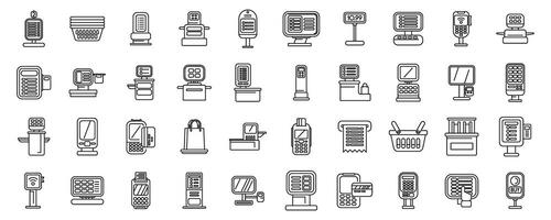 Self service checkout icons set outline vector. Supermarket scan terminal vector