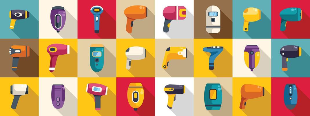Photoepilator icons set flat vector. Health woman care