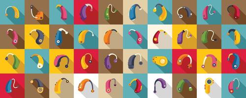 Hearing aid icons set flat vector. Volume loud ear vector