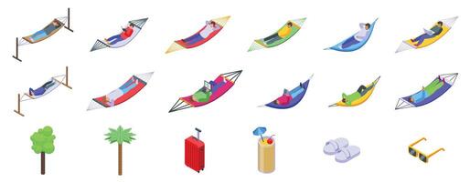 Man relax hammock icons set isometric vector. Beach vacation rest vector