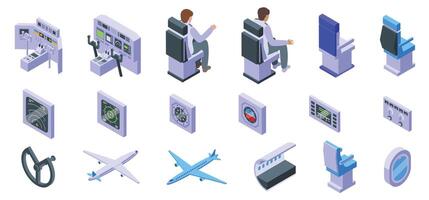 Airplane cockpit icons set isometric vector. Airplane dashboard vector