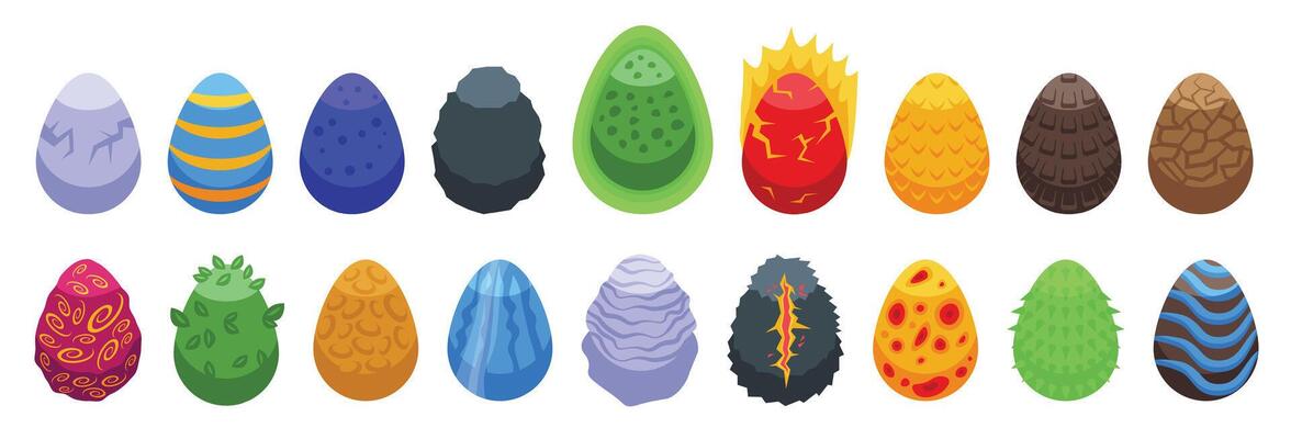 Dragon egg icons set isometric vector. Dinosaur cracks