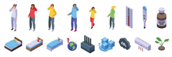 Raised temperature icons set isometric vector. Global warming vector